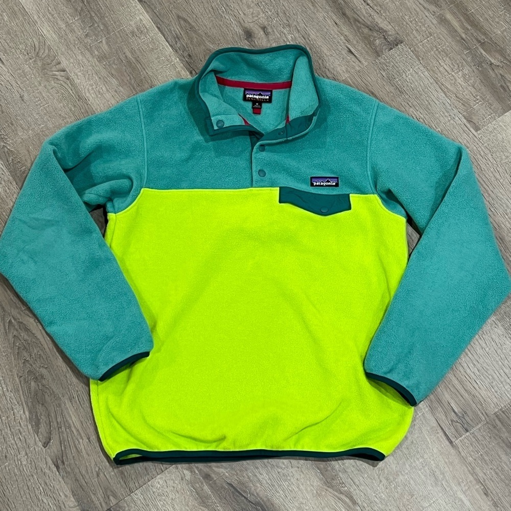 Patagonia Two-Tone Teal and Neon Yellow Synchilla Pullover